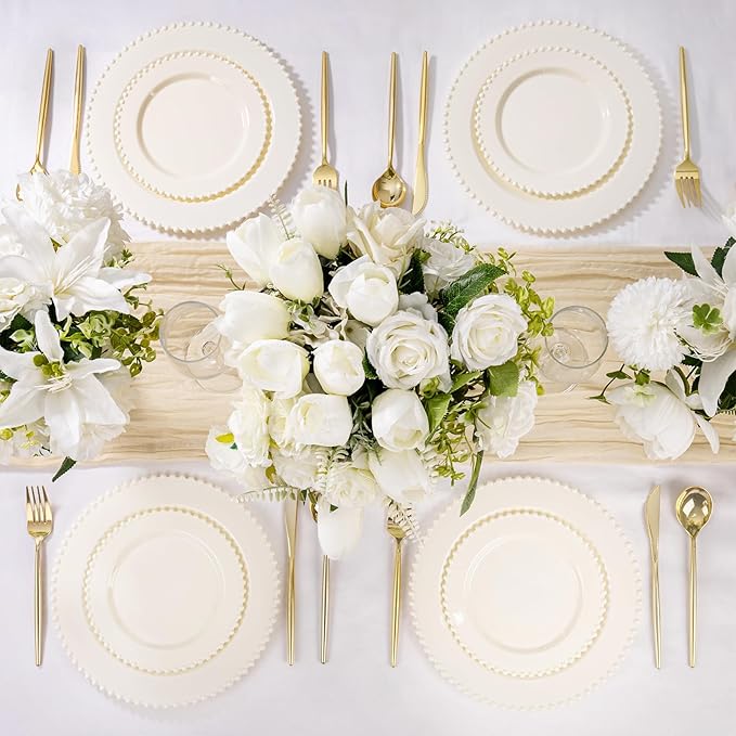 U-QE 60PCS Ivory Plastic Plates - Beaded Ivory Plates Disposable Heavy Duty - Perfect for Party, Baby Shower, Wedding, Birthday - Include 30PCS 10inch Dinner Plate & 30PCS 7inch Dessert Plate