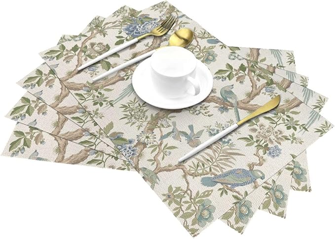 Chinoiserie Floral Place mats Set of 4, 12x18 Inches Green Blue Birds Flower Decorative Placemats Rectangle Floral Table Mats for Party Home Kitchen Dining Table Decoration
