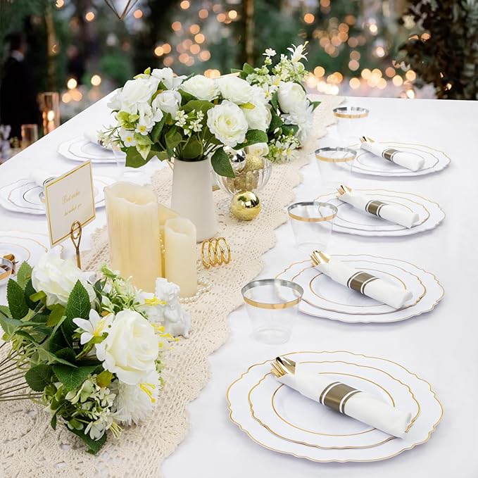 Liacere 350PCS Gold Plastic Plates-Disposable White and Gold Plates 50guest Baroque Plastic Dinnerware include 100Plates, 50Pack Pre Rolled Napkins with Silverware 50Cups for Wedding&New Years
