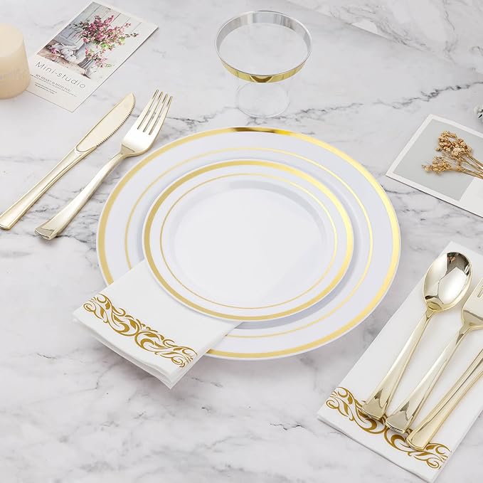 BESTVIP 175 PCS Gold Dinnerware Set for 25 Guests, Plastic Dinnerware Set for Party, Wedding, Christmas, Include: 50 Plastic Plates, 25 Gold Silverware, 25 Cups, 25 Paper Napkins
