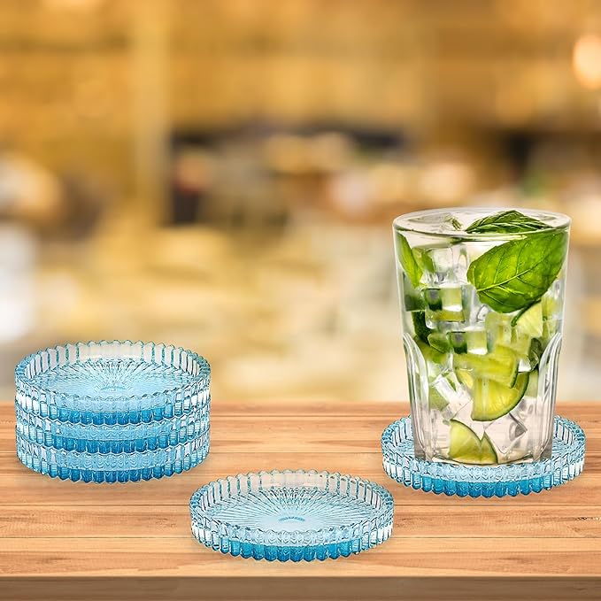 JUXYES 5 Pack Clear Blue Crystal Coasters Round Cup Mat, Glass Coasters for Drinks Coffee Tea Wine, Decorative Wine Bottle Coaster, Crystal Drink Coasters for Restaurant bar Kitchen Dining Table