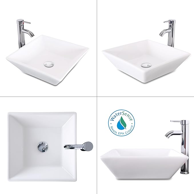 eclife Bathroom Ceramic Sink Bowl Classic White Square Porcelain Vessel Sink and Faucet Combo for Bathroom Countertop Bowl Sink & Chrome Pop Up Drain (A07)
