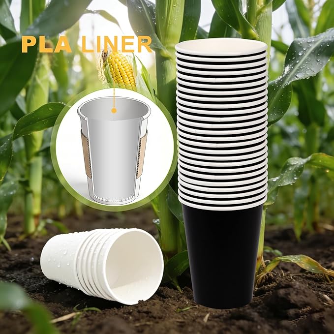 100 Pack 12 oz Disposable Coffee Cups with Lids and Sleeves, Leak-Proof To Go Coffee Cups, PLA Black Paper Coffee Cups for Hot Beverage