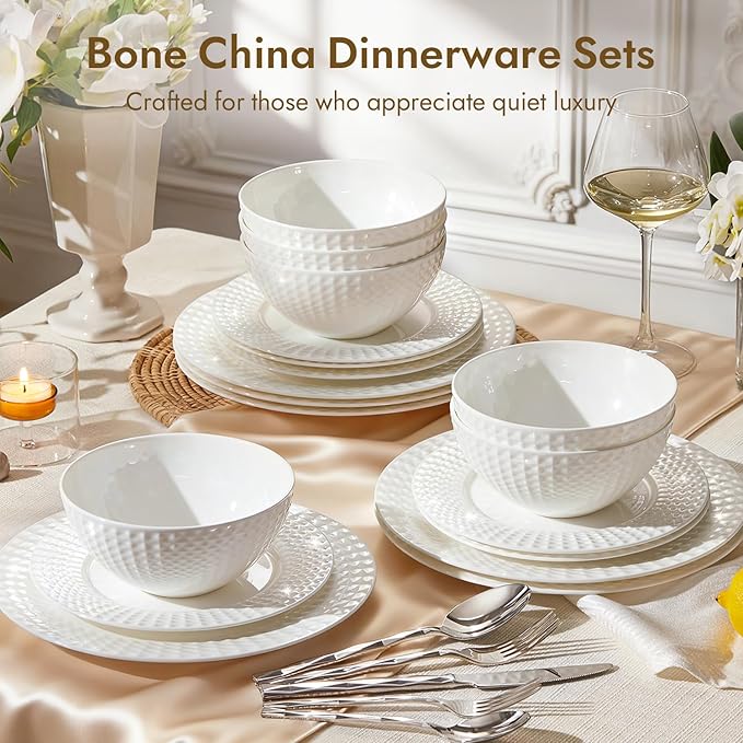 KINGSTONE 24-piece Bone China Dinnerware Set and 40-piece silverware, White Lightweight Porcelain for 8, Plates, Bowls with matching flatware, Microwave and Dishwasher Safe, for Family, Gifting