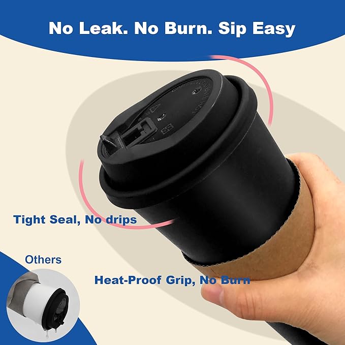 16 oz 500 Pack Coffee Cups with Lids and Sleeves, Straws, Hot Disposable To Go Travel Paper Cups Bulk for Office, Home Coffee Bar Accessories, Chocolate, Cocoa, Beverage (Black)