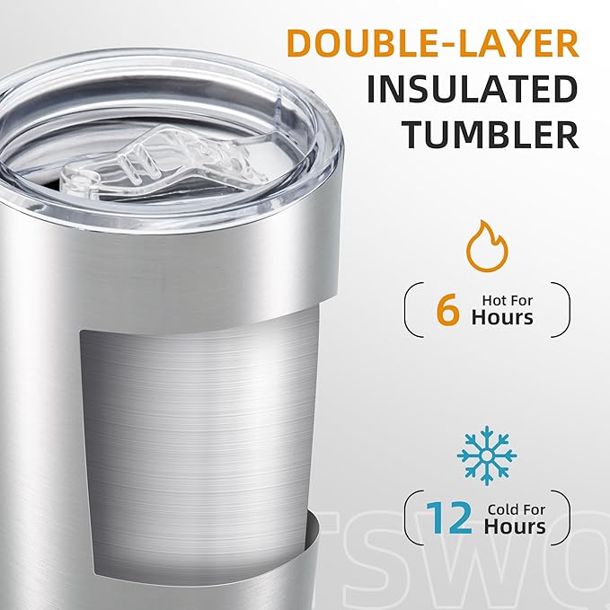 20 oz Tumbler Bulk with Lid Stainless Steel Insulated Tumblers Double Wall Vacuum Coffee Mug Powder Coated Tumbler Cups for Cold and Hot Drinks, Stainless Steel, 6 pack