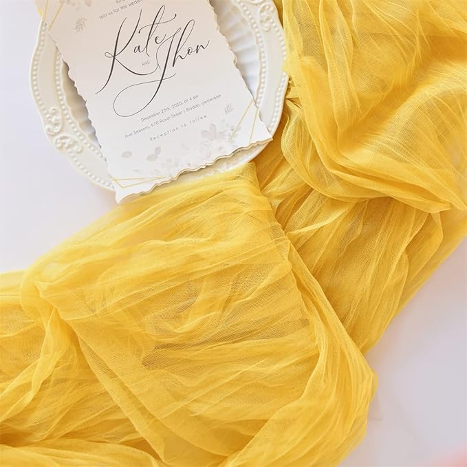 Joanlody Yellow Cheesecloth Table Runner Spring Easter 10Ft Rustic Gauze Boho Cheese Cloth Table Runner for Wedding Bridal Baby Shower Decoration 4 Pack