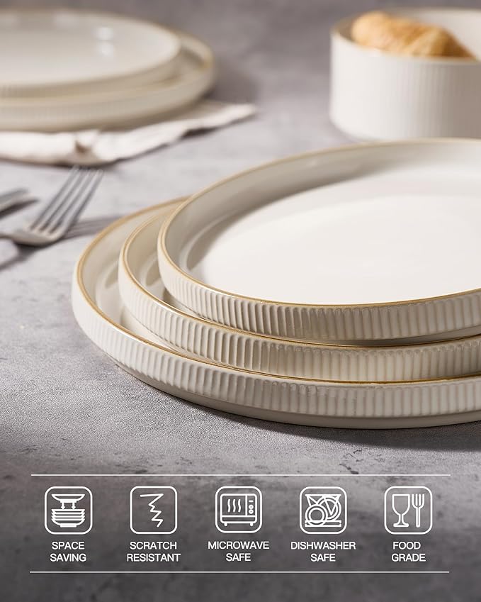 famiware Star Dinner Plates for 6, 10 inches Plate Set, Scratch Resistant, Stoneware Dinnerware, Kitchen Modern Rustic Serving Dishes, Vanilla White