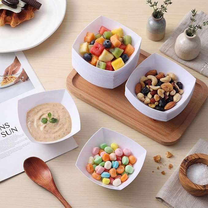 Tanlade 50 Pcs Square Plastic Serving Bowls Disposable Snack Salad Bowl Small Party Candy Bar Containers Taco Bar Serving Dishes for Buffet Chips Fruit(4 oz,White)