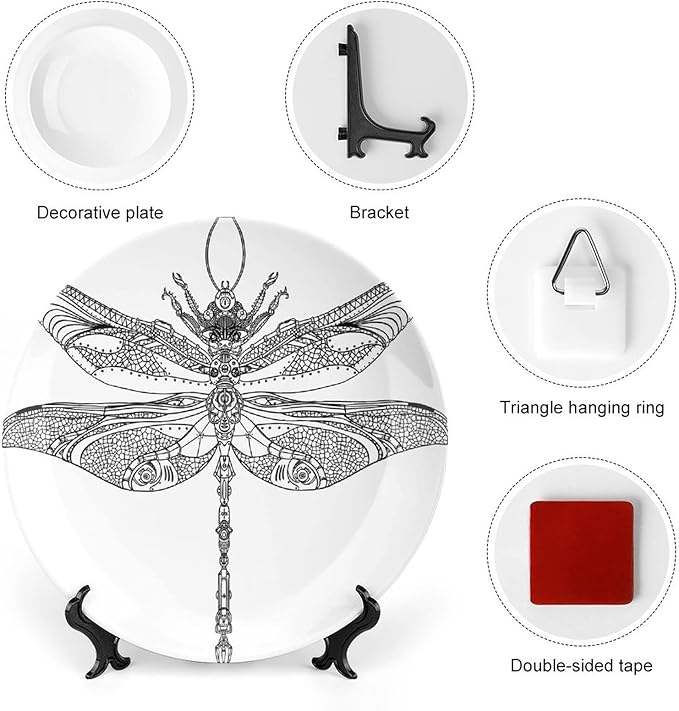 Ceramic Plates, Abstract Decorative Ceramic Plates, Animal Steampunk Dragonfly Pattern, 8 Inch, for Dining, Parties, Wedding, Black White