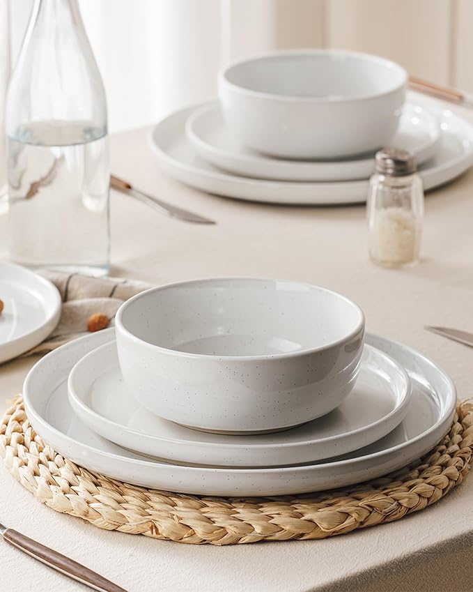 Famiware Milkyway Stoneware Dinnerware Sets with Pasta Bowls, Service for 4 (16 Pieces), Plates and Bowls Sets -Scratch Resistant, Microwave and Dishwasher Safe Dishes Set, White
