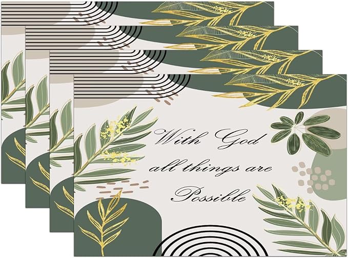 Bible Verse Christain Placemats Sage Green Boho Modern Scripture Inspirational Quotes Motivational Bohemian Washable Place Mats 12x18Inch for Dining Kitchen Farmhouse Decor 4 PCS