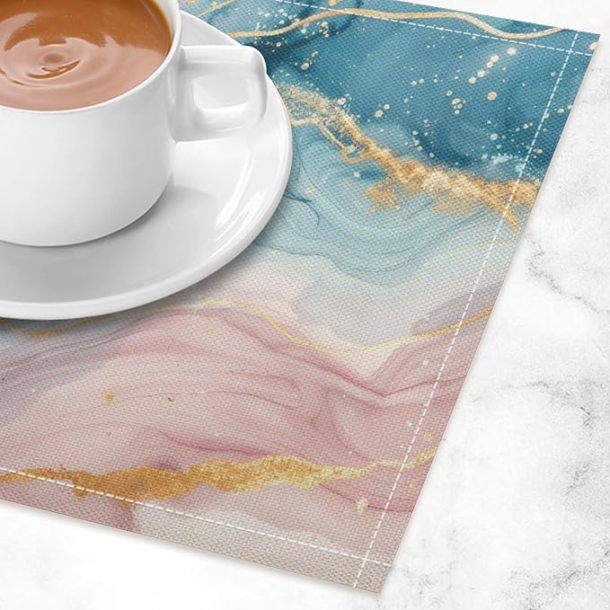Marble Linen Place Mats Set of 2, 12x17 Inch Modern Luxury Foil Texture Pink Blue Gold Marble Washable Fabric Non-Slip Placemats for Home Dining Table Banquets Party Kitchen Decoration