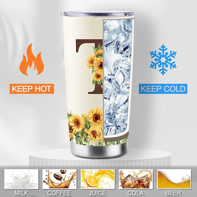 Sunflower Gifts for Women - Personalized Christmas Gifts for Women - Birthday Gift for Woman - Mothers Day Gift for Mom - Monogrammed, Initial 20oz Travel Cup Insulated Tumbler with Lid, T