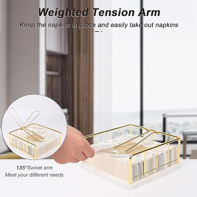 Livabber Flat Napkin Holder, Metal Kitchen Napkin Storage with Weighted Tension Arm Rustic Tissue Paper Dispenser for Countertop, Table Kitchen, Dining Room (With Marble Base, Gold)