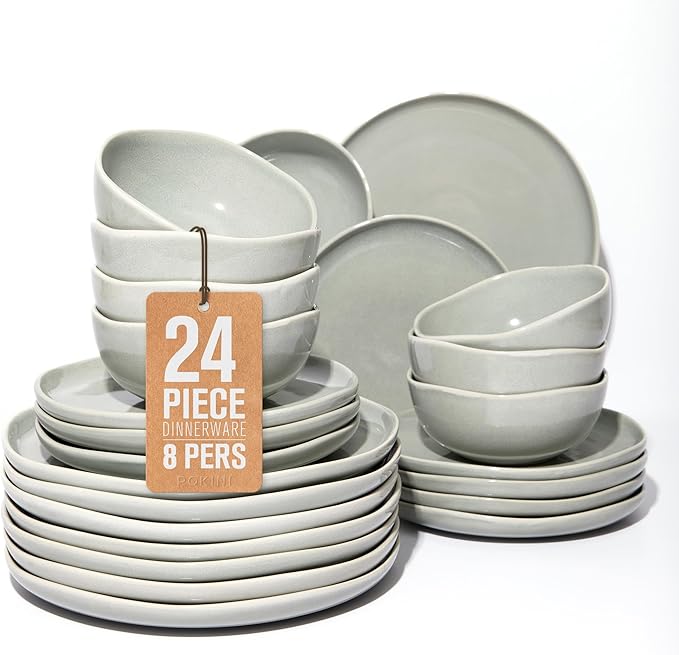 Large Holiday Dinnerware Sets for 8, Ceramic Plates and Bowls Set, Kitchen Dish Set, Microwave & Dishwasher Safe Dishware, Perfect for Christmas & Thanksgiving, Gray Green