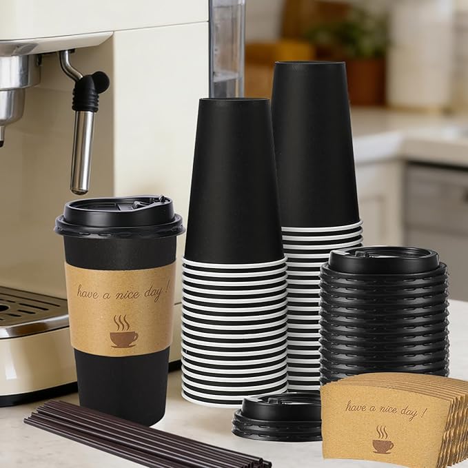 50 Pack 20 oz Disposable Coffee Cups with Lids, Paper Hot Coffee Cups with Sleeve and Straw, To Go Cups for Home, Office and Party (Black 20oz)