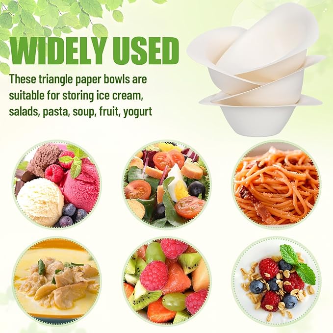 100 Pack Triangle Paper Bowls with Spoon 14oz Disposable Paper Soup Bowls Dessert Fancy Ice Cream Cups for Hot Food, Soup, Salad, Meals