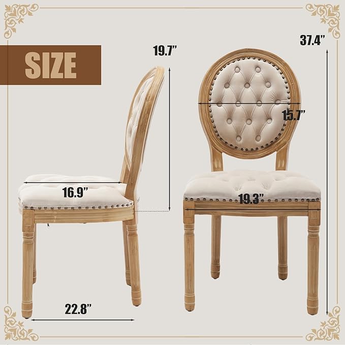 SoarFlash French Velvet Dining Chairs Set of 4, Vantage Dining Chair with Round Back, Wood Leg Farmhouse Country Dining Chair for Kitchen,Bedroom,Beige