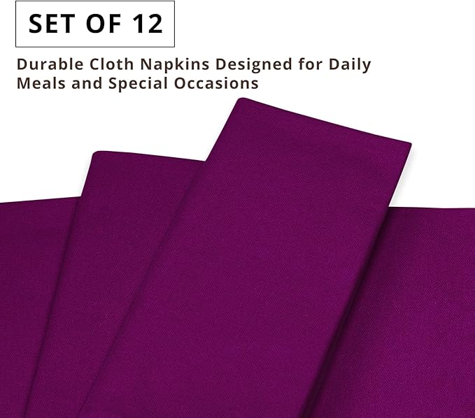 PurpleEssences Set of 12 Cloth Dinner Napkins 100% Cotton 18x18 Inch - Soft Durable Washable - Ideal for Farmhouse Party Christmas Holiday Winter - Perfect Everyday Use Table Linen - Purple