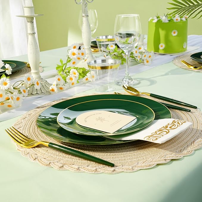 100 PCS Green Gold Plastic Plates, 7 inch Green Disposable Plates for Party, Disposable Dessert Plates for Party, Graduation, Birthday, Wedding