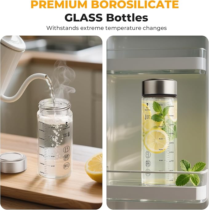 Sursip 12 oz Glass Juice Bottles – 4 Pack Wide Mouth Bottles with Stainless Steel Lids – Leakproof, BPA Free, Heat-Resistant Borosilicate Glass for Juicing, Smoothies, Milk, Protein, Beverage Storage