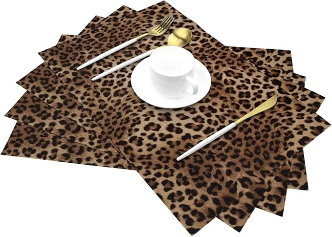Brown Leopard Placemats Set of 4 Black Cheetah Skin Wild Animal Print Wipeable Table Mats Reusable Washable PVC Rectangle Place Mats for Kitchen Dining Home Decor 12x18 Inches