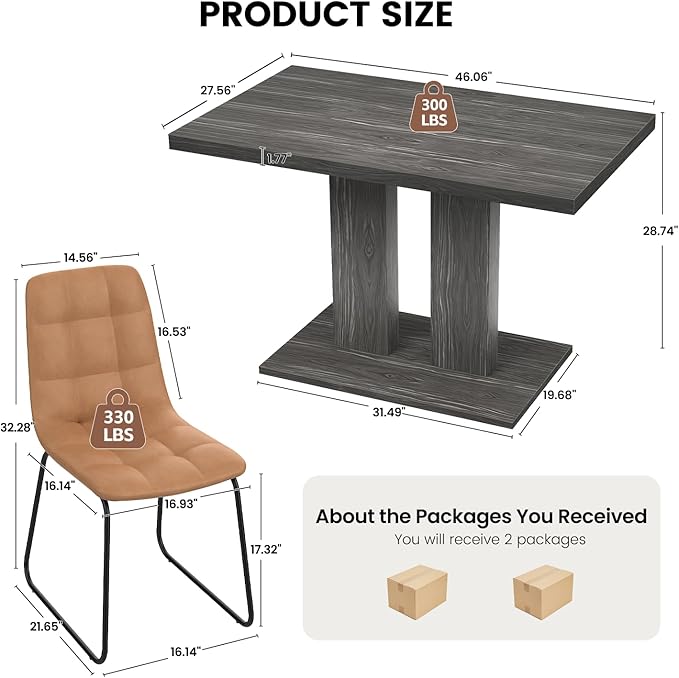 Modern 5-Piece Dining Table Set for 4, 46" Pedestal Dining Table with 4 Leather Chairs, Small Space Saving Kitchen Table Set, Grey Wood Finish Rectangular Table for Dining Room & Apartment
