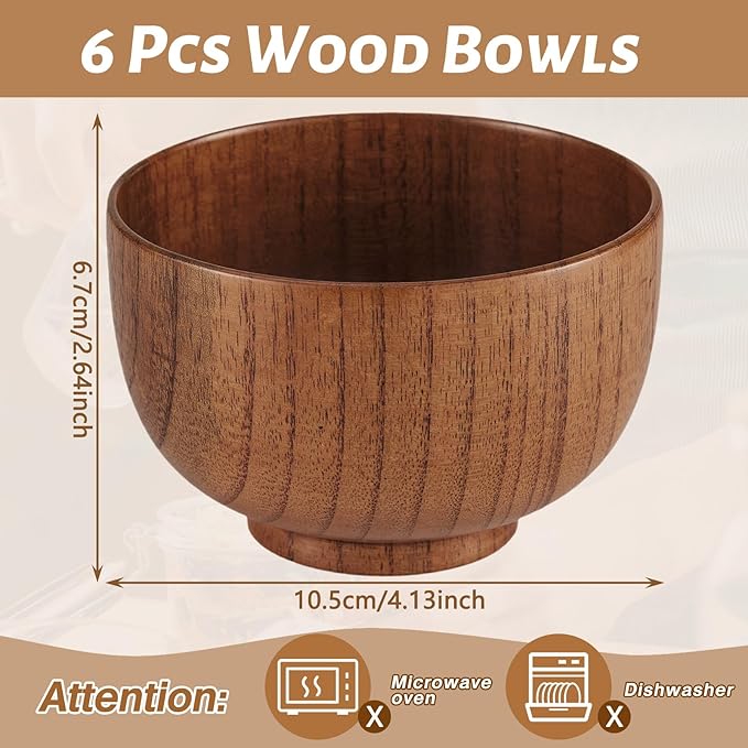 Tioncy 6 Pcs Acacia Wood Small Bowls 4.13 x 2.64 Inch Wooden Bowls Japanese Cups for Food Dipping Sauce Soup Salad Rice Serving Decorations Charcuterie Boards