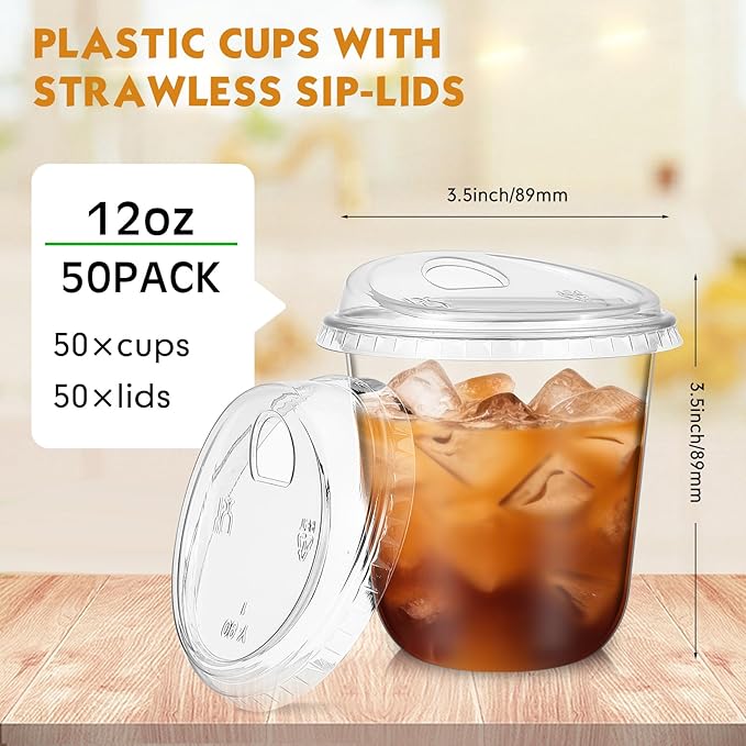 Baderke 50 Pcs Plastic Cups with Sip Lids Round Bottom Disposable Plastic Coffee Cups with Lids Clear Strawless Crystal Mugs for Iced Coffee Smoothie Cold Beverage Party Catering Supplies (12 oz)