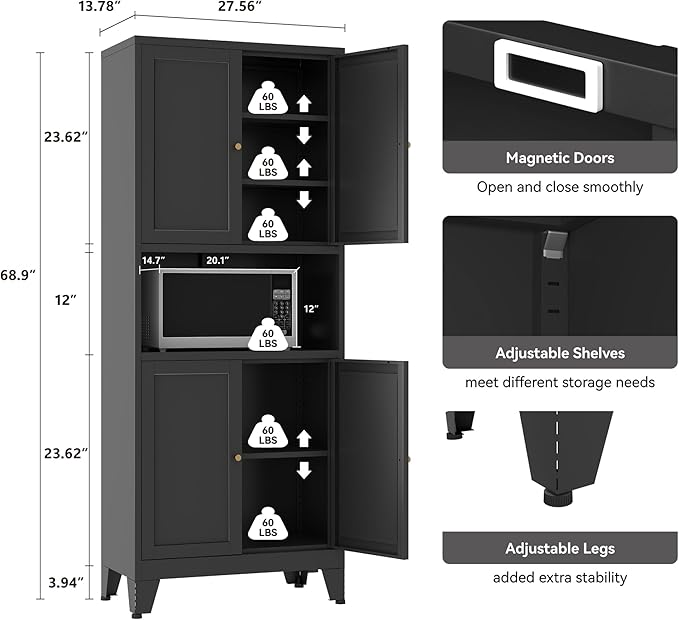 Metal Pantry Storage Cabinet, 69" Tall Storoge Cabinet with 4 Doors & 3 Adjustable Shelves, Microwave Stand with Storage for Kitchen, Dining Room, Living Room (1PC,Black)
