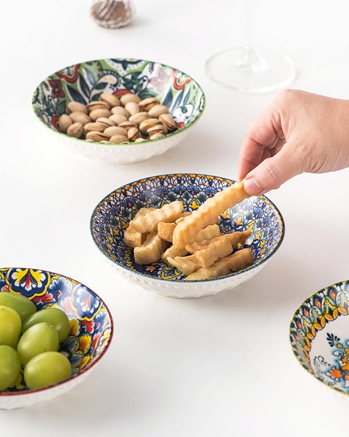 10 OZ Small Snack Bowls/Dishes Set of 6 - Ceramic Colorful Bowls for Side Dishes, Ice Cream, Dessert, Appetizers, Dips and Sauces, Dishwasher & Microwave Safe - Bohemian Style