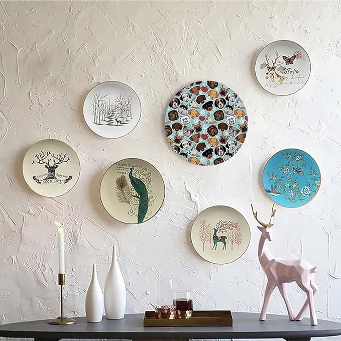 Decorative Plates, Dog Lover Print Ornament, Canine Breeds Bulldog Chihuahua Siberians and Retriever, 8 Inch, Kitchen Wall Decor, Multicolor