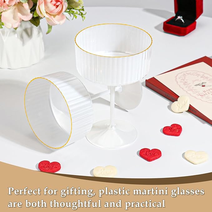 12 PCS Champagne Martini Glasses Pearl White 10 oz Espresso Martini Glasses Gold Rim Disposable Plastic Ribbed Coupe Glasses Vintage Cocktail Glass Champagne Coupe Cup For Wedding Anniversary