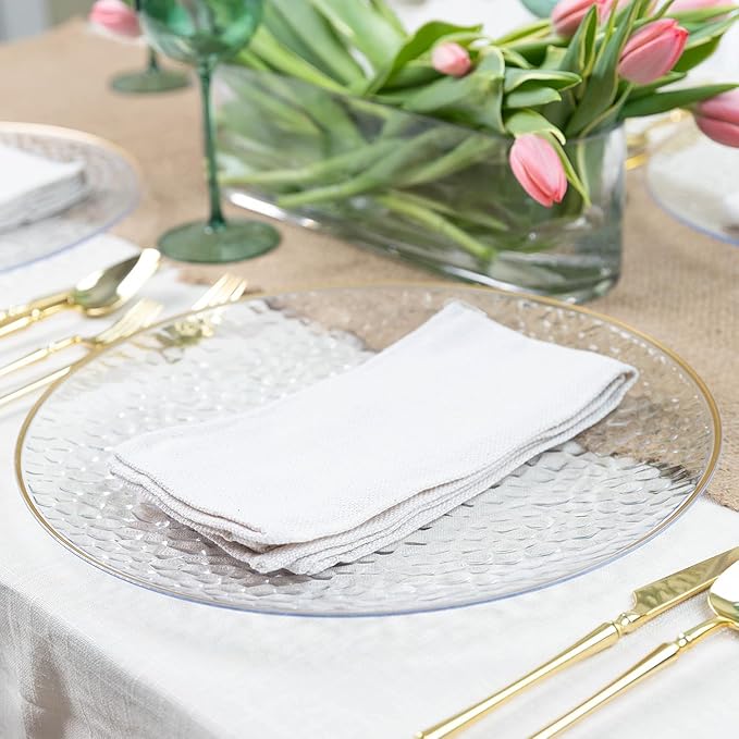 PARTY BARGAINS 13-Inch Charger Plates - 4 Pack, Hammered Clear Gold Rim, Heavy-Duty Disposable Chargers for Elegant Dining - Ideal for Weddings and Formal Events