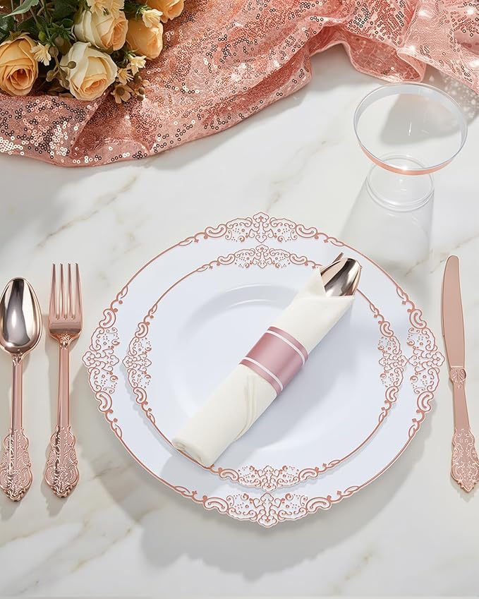 Goodluck 350 Piece Rose Gold Plastic Dinnerware Set for 50 Guests,Fancy Disposable Plates,Include: 100 Rose Gold Rim Plastic Plates,150 Silverwares,50 Pre Rolled Napkins,50 Cups for Party,Wedding
