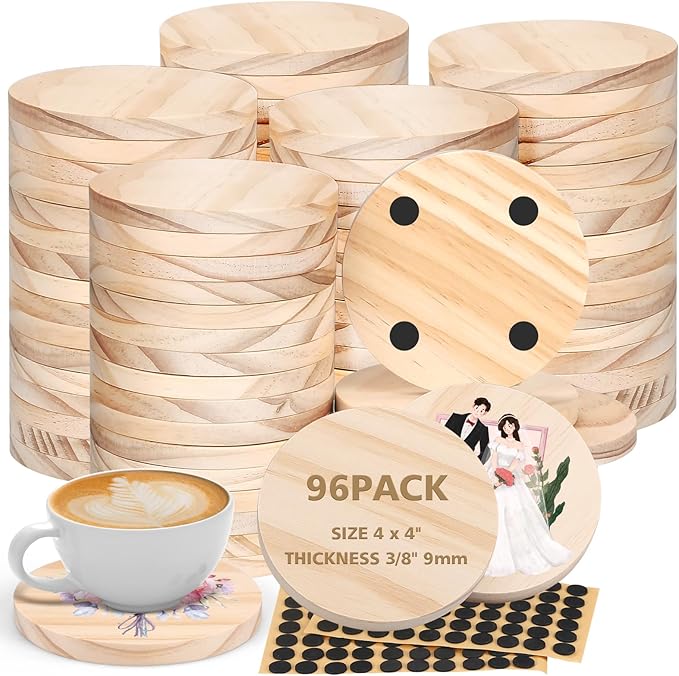 Adrattnay 96Pcs Unfinished Wood Coasters, 4" Round, Beige Pine Wood Drink Coasters with Non-Slip Dot for Tabletop Protection