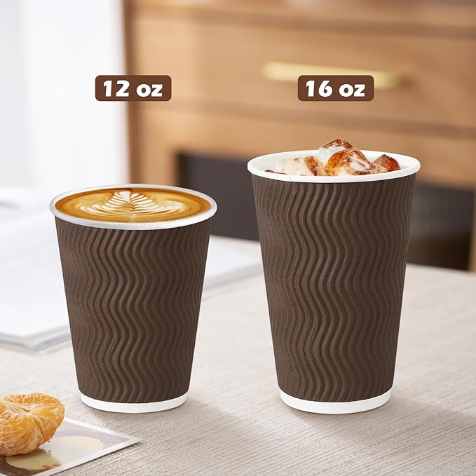 500 Pack 12 oz Coffee Cups, Disposable Corrugated Insulated Ripple Wall Paper Coffee Cups 12oz for Hot or Cold Drinks Office Home Cafe Party Travel (Brown)