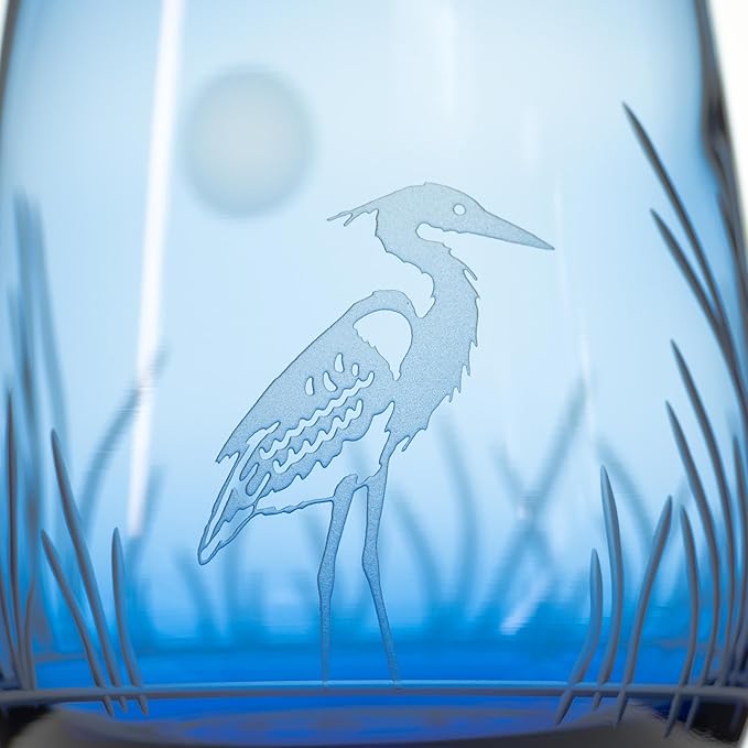 Rolf Glass Heron Blue Stemless Wine Glass | 15oz Stemless Tumbler | Engraved Lead-Free Coastal Glassware | Made in the USA | Blue Heron Engraved Design | Set of 4