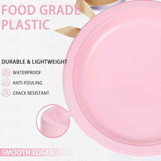 WELLIFE Pink Plastic Plates 10 Inch -150 Count for Party, Disposable Plastic Party Plates for Valentine's Day Easter Mother's Day Baby Shower Dinner Dessert Cake Light Pink