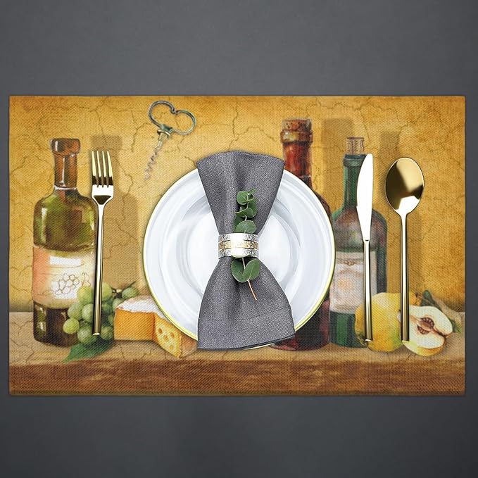 Wine Grapes Placemats Set of 4, Washable Elegant Vintage Placemats, Non-Slip Table Rectangle Linen Place Mats for Kitchen Dining Party Home Indoor Table Decor, Present for Wine Enthusiasts