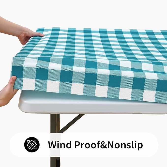 Smiry Rectangle Picnic Table Cloth, Elastic Waterproof Fitted Vinyl Tablecloths, Flannel Backed Buffalo Plaid Table Covers for Dining, Camping, Outdoor (White and Turquoise, 30" x 48")