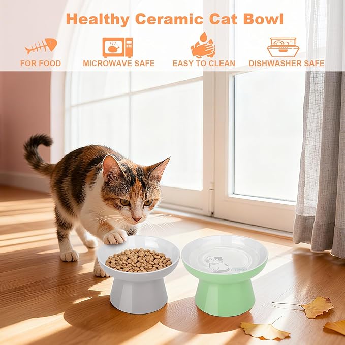 Elevated Cat Bowls,2 Pcs Ceramic Raised Cat Food Bowls with Non-Slip Base,Whisker-Friendly Shallow Design,Lead & Cadmium Free Pet Feeder,Dishwasher and Microwave Safe (Green&Light-Grey)