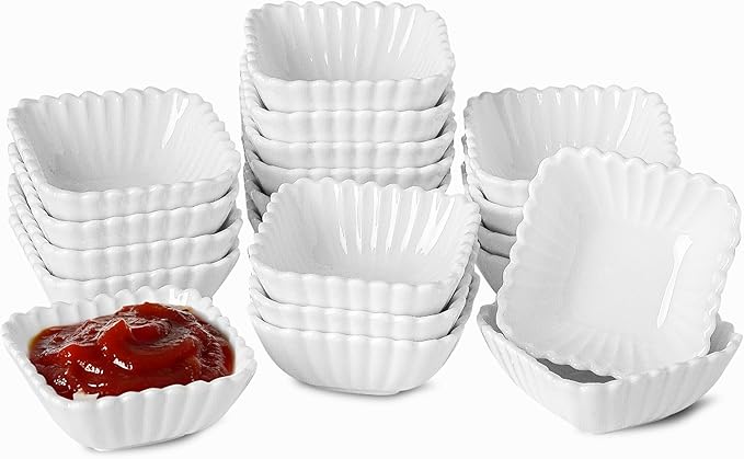 UIBFCWN 20 Pack Ceramic Soy Sauce Dishes, 2 oz Square Dipping Sauce Cups/Bowls/Dishes for Kitchen, Small Dip Bowls Set, Mini Bowl for Side Dish, Ketchup, Soy, BBQ, Sushi, Party - 2.75inch
