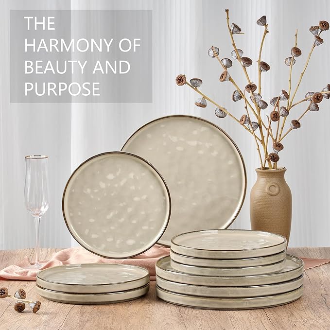 LIANYU Ceramic Plates Set for 4, 7.9In Porcelain Dinner Salad Appetizer Plates for Kitchen, Modern Round Stoneware Dining Dish Set, Scratch Resistant, Microwave, Oven and Dishwasher Safe, Sandy Beige