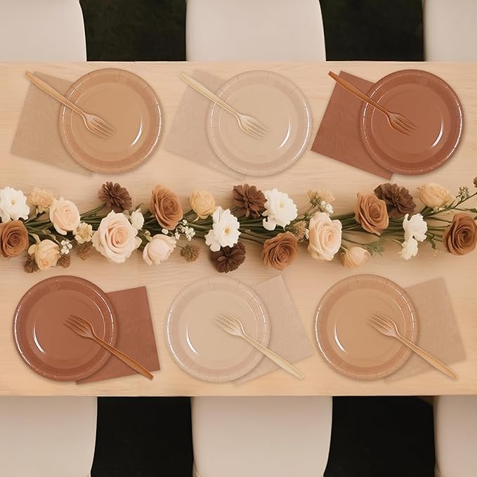 Serves 35 Guests Gradient Brown Plates and Napkins Party Supplies,7" Gradient Brown Birthday Dessert Paper Plates and Napkins,Disposable Party Dinnerware for Wedding,Graduation