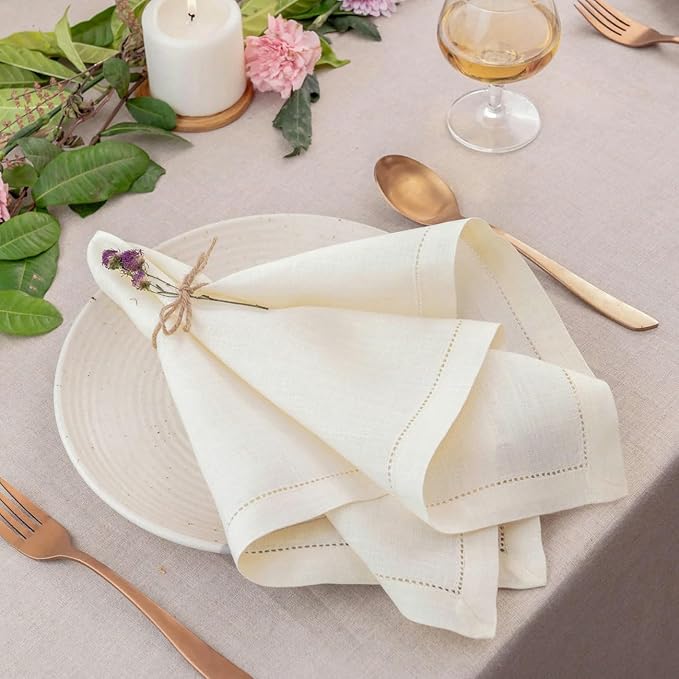 D'Moksha Homes Ivory Linen Napkins Set of 8 - Classic Hemstitch 100% Pure Linen Hemstitch Dinner Napkins 20 x 20 Inch for Valentines, Spring, Easter - Handcrafted and Machine Washable