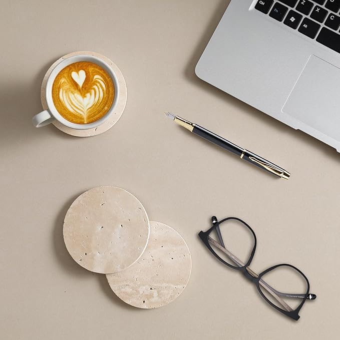 Italian Travertine Coasters Set of 6, Farmhouse Rustic Neutral Style Marble Drink Coasters for Coffee Table Decor, 4 Inch Round Porous Natural Stone Absorbent Coaster, Housewarming Gift
