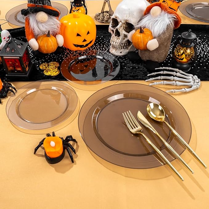I00000 102 Pcs Clear Black Plastic Plates, Black Disposable Party Halloween Plates Include 51 Dinner Plate 10’’ and 51 Dessert Plate 7’’ Perfect for Wedding, Party & Halloween