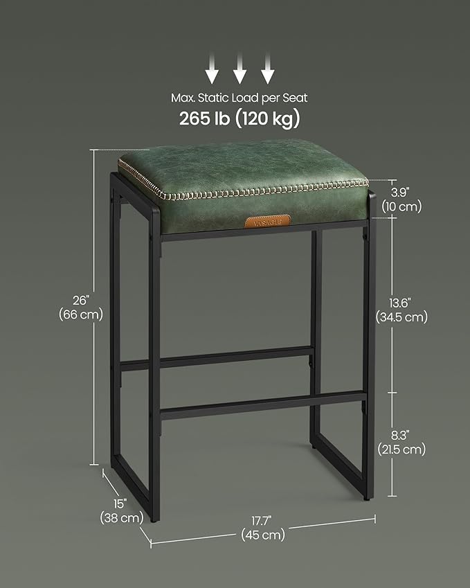 VASAGLE EKHO Collection - Bar Stools Set of 4, Counter Height Bar Stools, Synthetic Leather with Stitching, Mid-Century Modern Counter Stools, 26-Inch Tall, Kichen Home Bar Dining Room, Forest Green